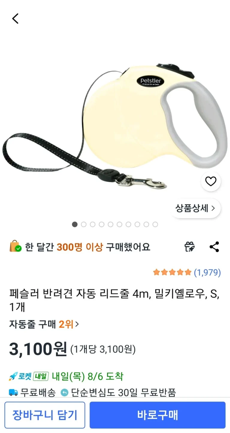 페슬러 반려견 자동 리드줄 4m, 밀키옐로우, S, 1개