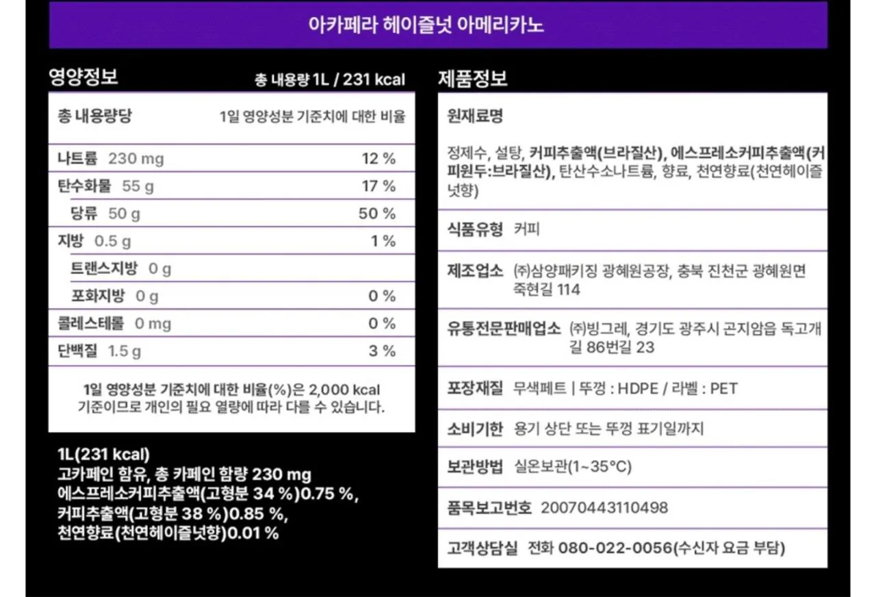 아카페라 올데이 헤이즐넛 아메리카노, 1L, 12개