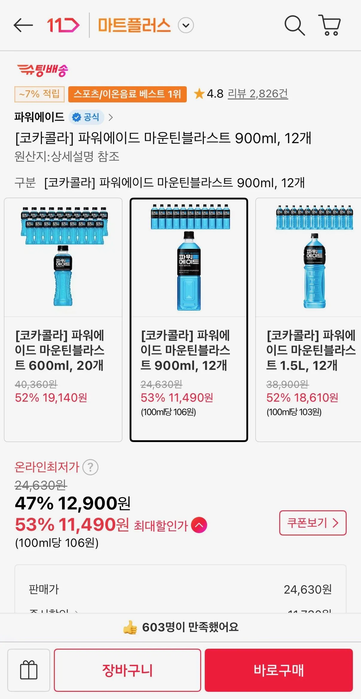파워에이드 마운틴블라스트 900ml 12개