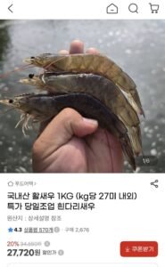 국내산 활새우 1KG (kg당 27미 내외)