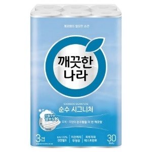 깨끗한나라 순수 시그니처 천연펄프 3겹 롤화장지 (27m × 30롤 × 1개) 10m당 149원