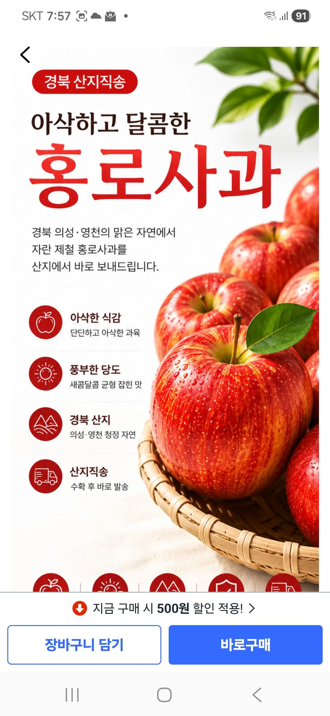 올해 갓수확한 홍로사과 3kg