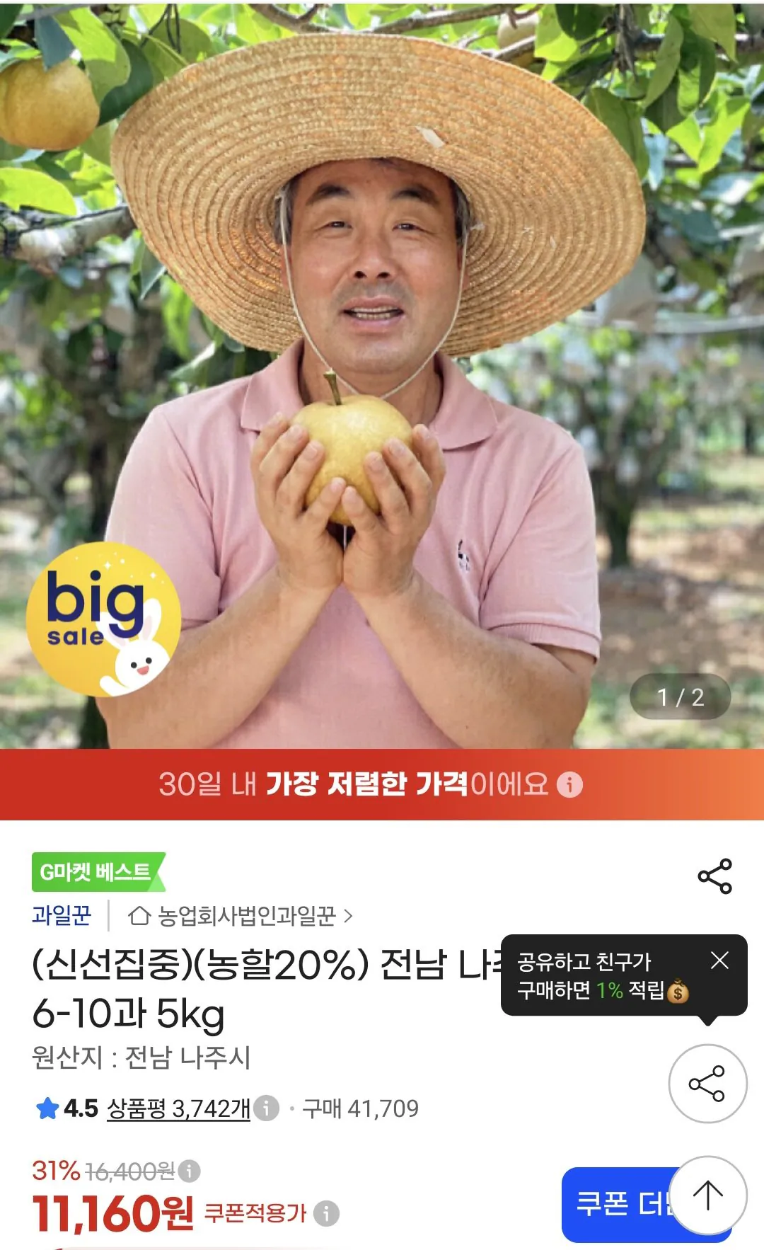 (신선집중)(농할20%) 전남 나주배 10kg