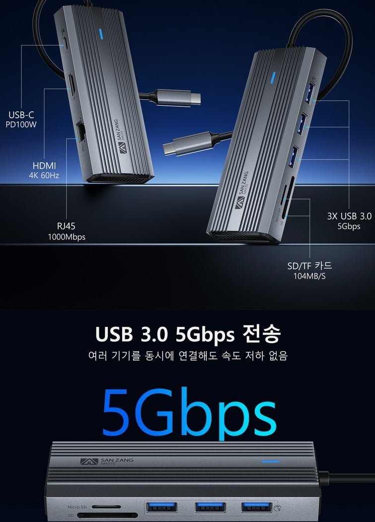 산장 10포트 USB3.0 SD카드 HDMI 4K@60Hz PD100W 허브