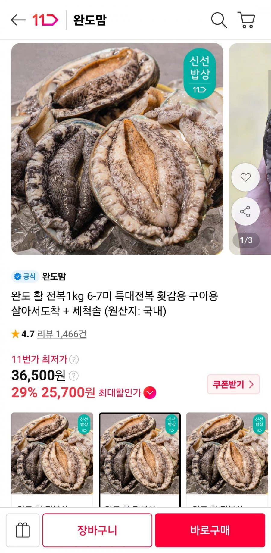 완도 활 전복1kg 6-7미 특대전복