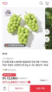 샤인머스켓 2kg 3~4수 (티멤6,880 / 배송비 무배)