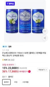 초정탄산수 190ml 60캔 (플레인/그린애플/라임 택2)