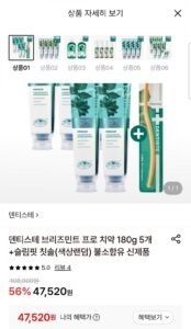 덴티스테 브리즈민트 프로 치약 180g 5개+슬림핏 칫솔