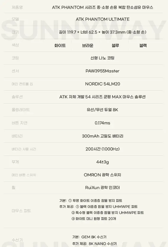 ATK 팬텀 ULTIMATE 카본 8k 게이밍 마우스 타공 탄소섬유 PAW3955Master