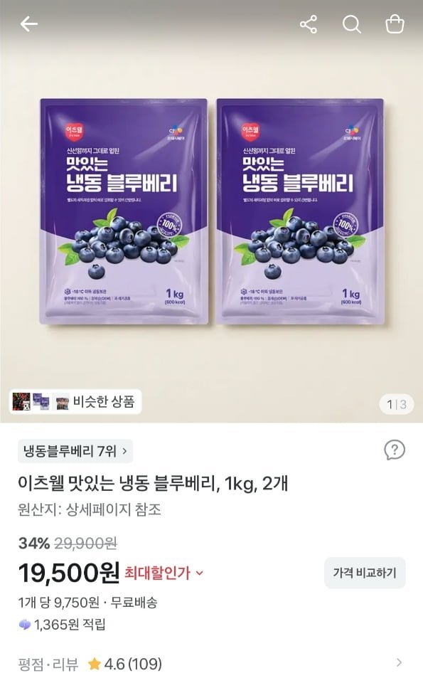 이츠웰 맛있는 냉동 블루베리 1kg x 2개