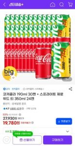 코카콜라 190ml 30캔 + 스프라이트 제로 위드 티 350ml 24캔