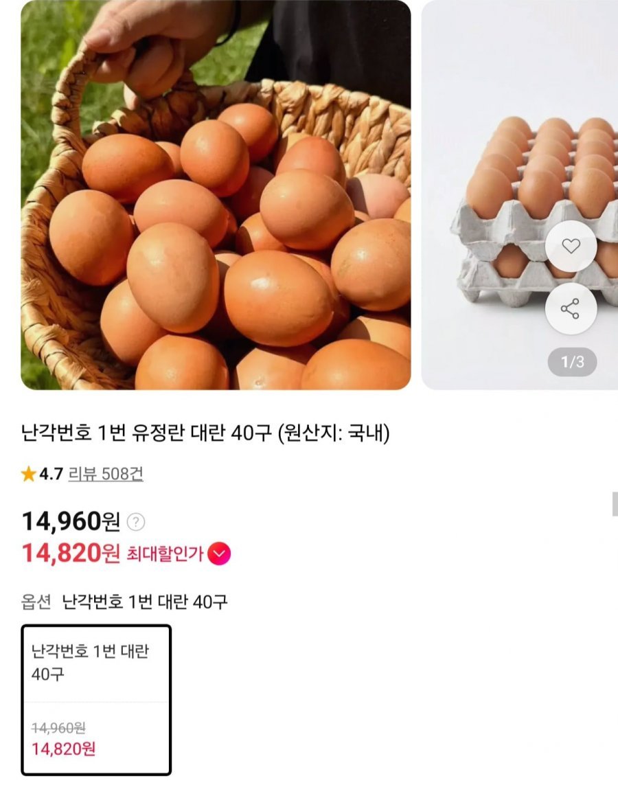 난각번호 1번 유정란 대란 40구
