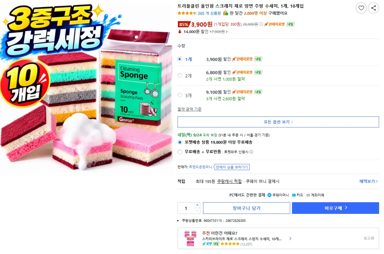 트리플클린 올인원 스크래치 제로 양면 주방 수세미 10개입