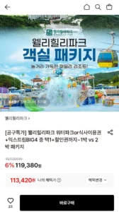 웰리힐리파크 2인 1박 패키지 (워터파크or자연차림+액티비티)