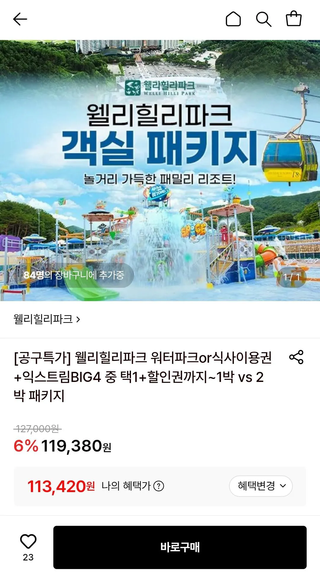 웰리힐리파크 2인 1박 패키지 (워터파크or자연차림+액티비티)