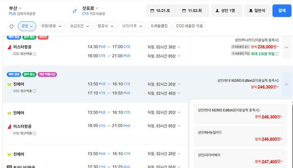 부산-삿포로 1031-1103