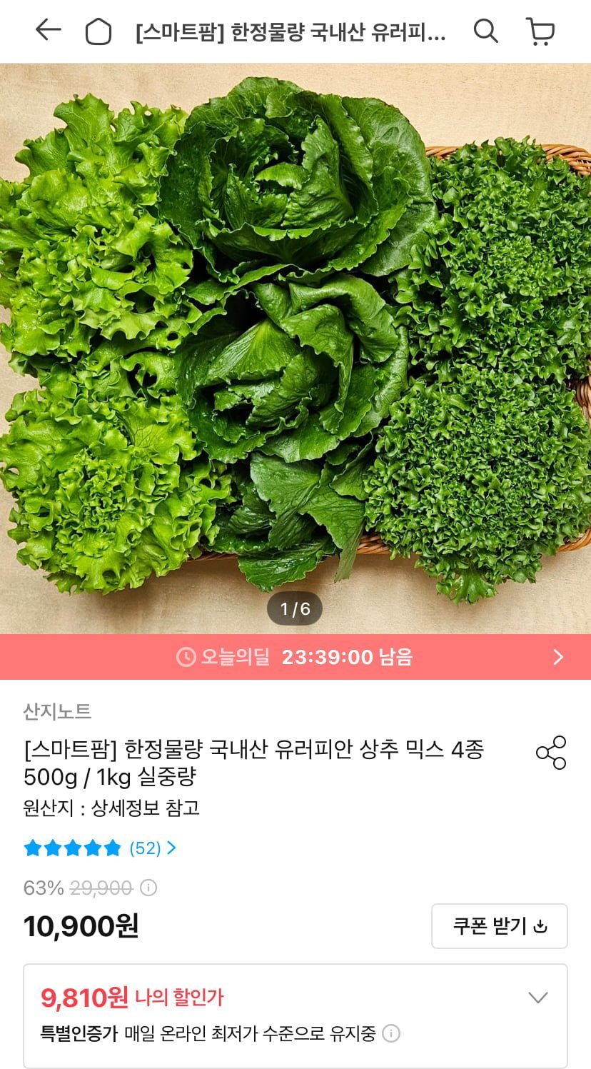 국내산 유러피안 상추 믹스 4종 1kg