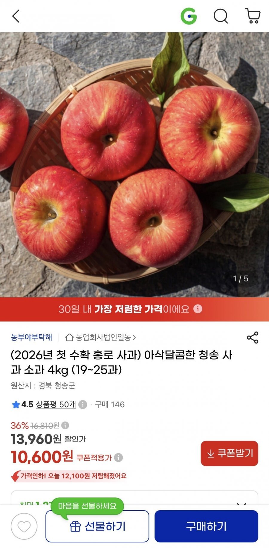 26년 첫수확 청송 홍로 사과 소과 4kg (19~25과)