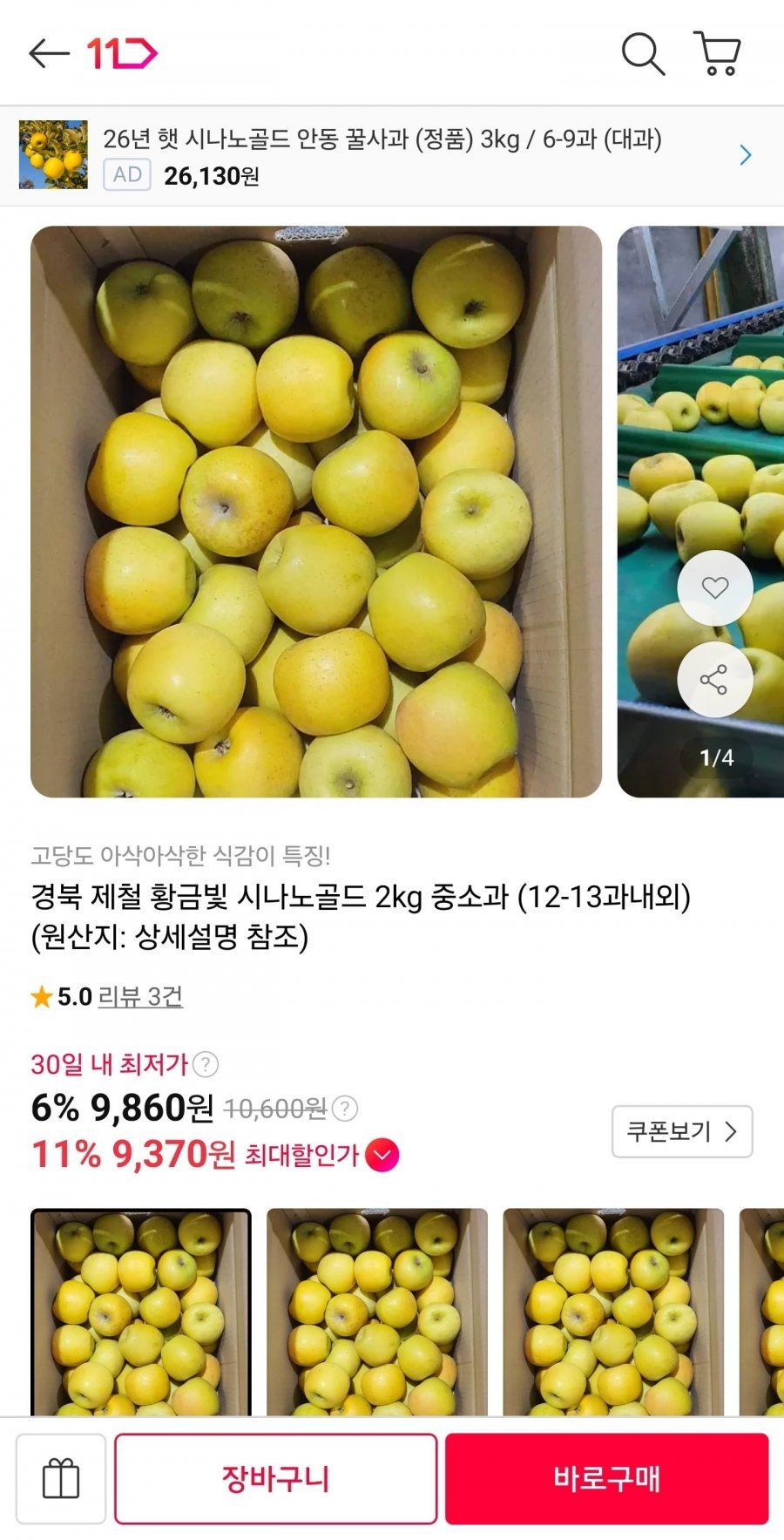 경북 제철 황금빛 시나노골드 2kg 중소과 12-13과 내외