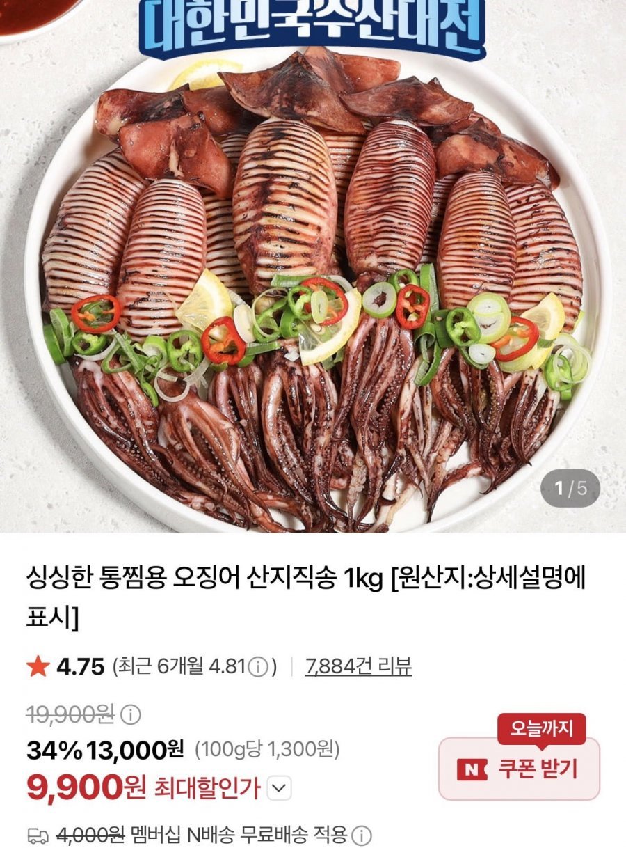통찜용오징어 1kg 8-16미 내외