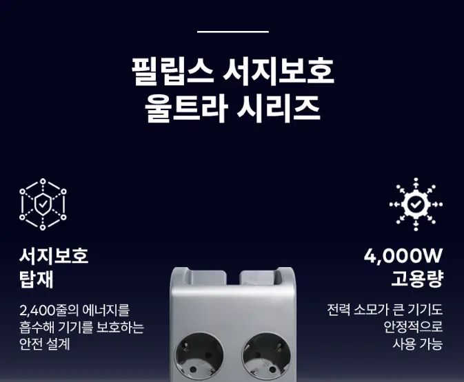 필립스 서지보호 울트라 멀티탭 고용량 과부하차단 8구 2M