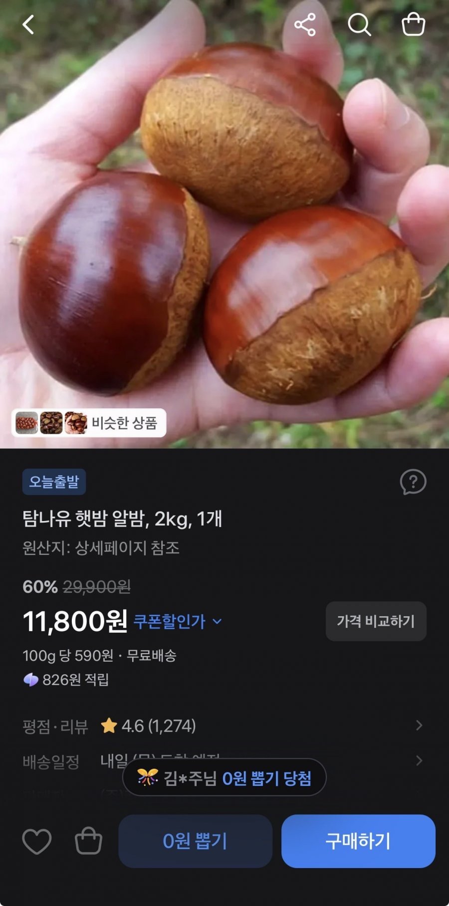 26년 수확 햇밤 2kg