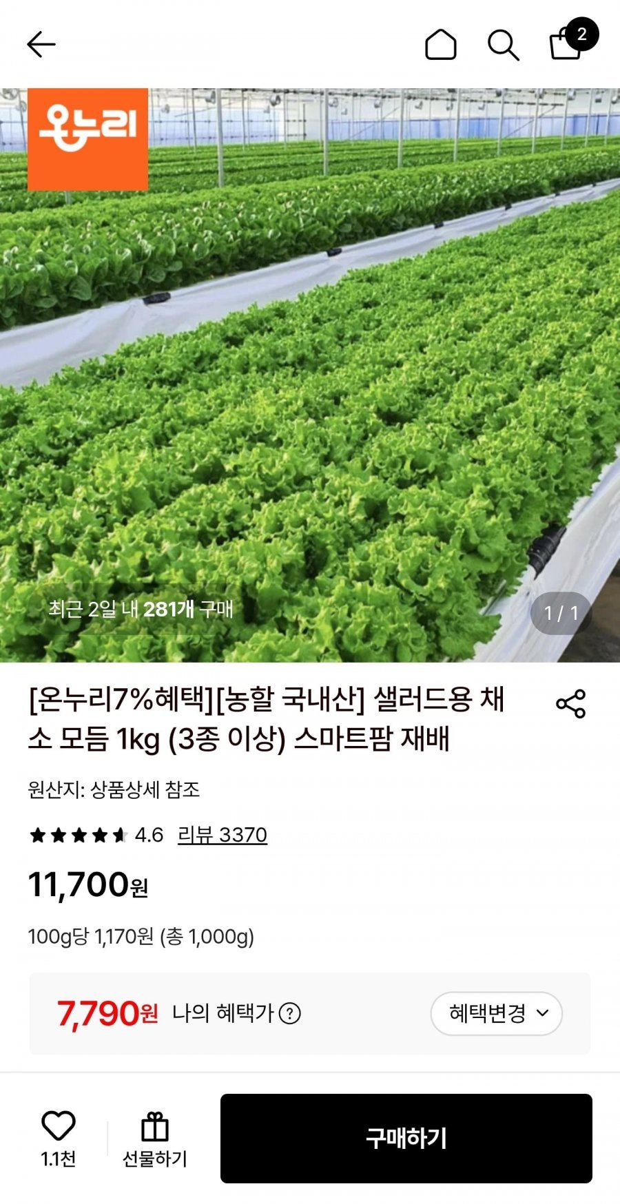 샐러드용 채소 모듬 1kg (3종 이상) 스마트팜 재배