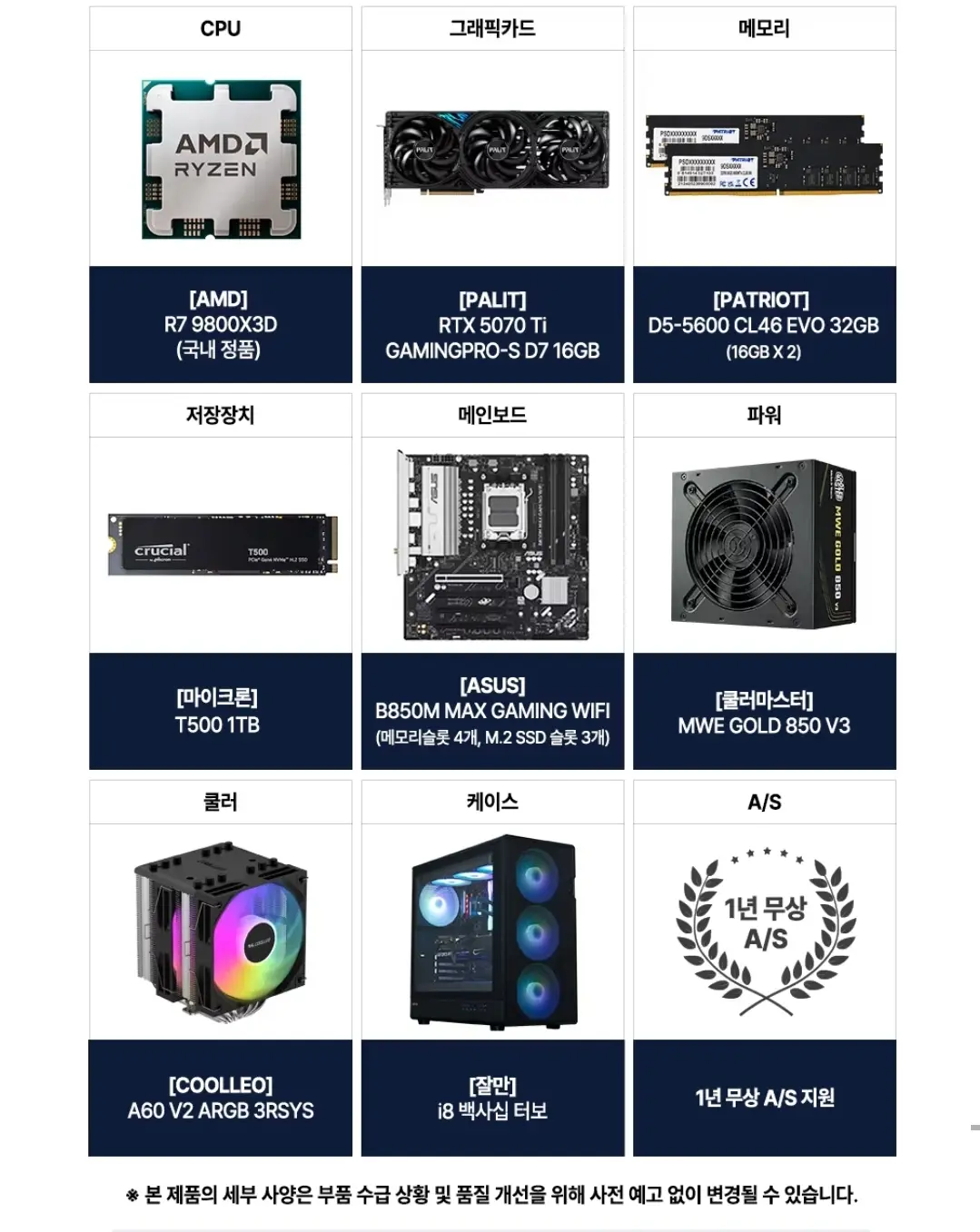 완본체 AMD 9800X3D+RTX5070 Ti 16GB+32GB+1TB / B850M