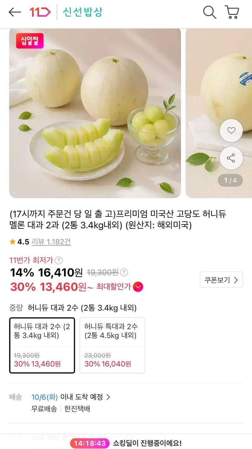 미국산 허니듀 멜론 대과 2개 카카오페이 14, 450원 / 신한