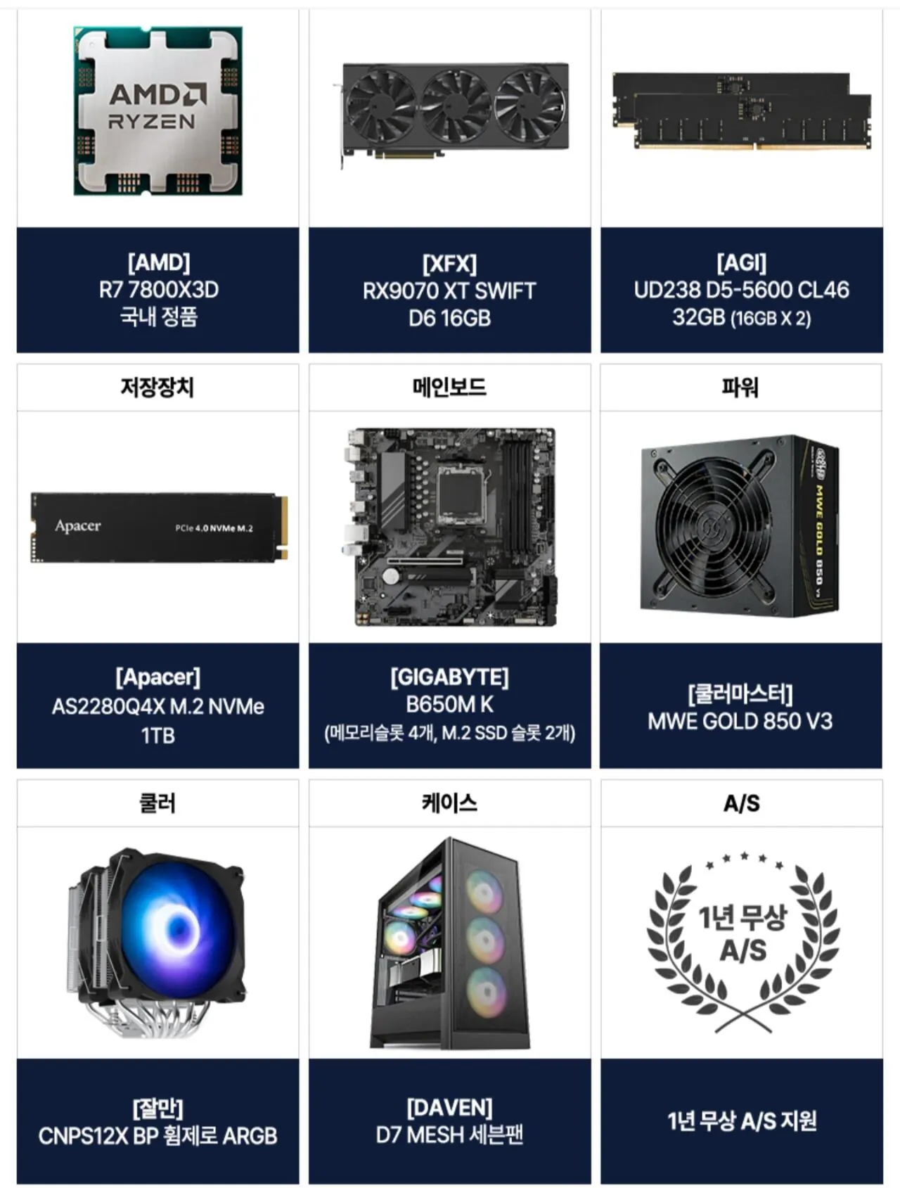 AMD 7800X3D RX9070XT 16GB +32GB +1TB 조립PC 게이밍컴퓨터 조립컴퓨터 본체 게임용 PC 배그