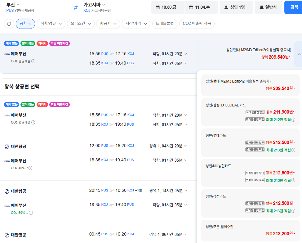 부산-가고시마 1030-1104 롯데카드