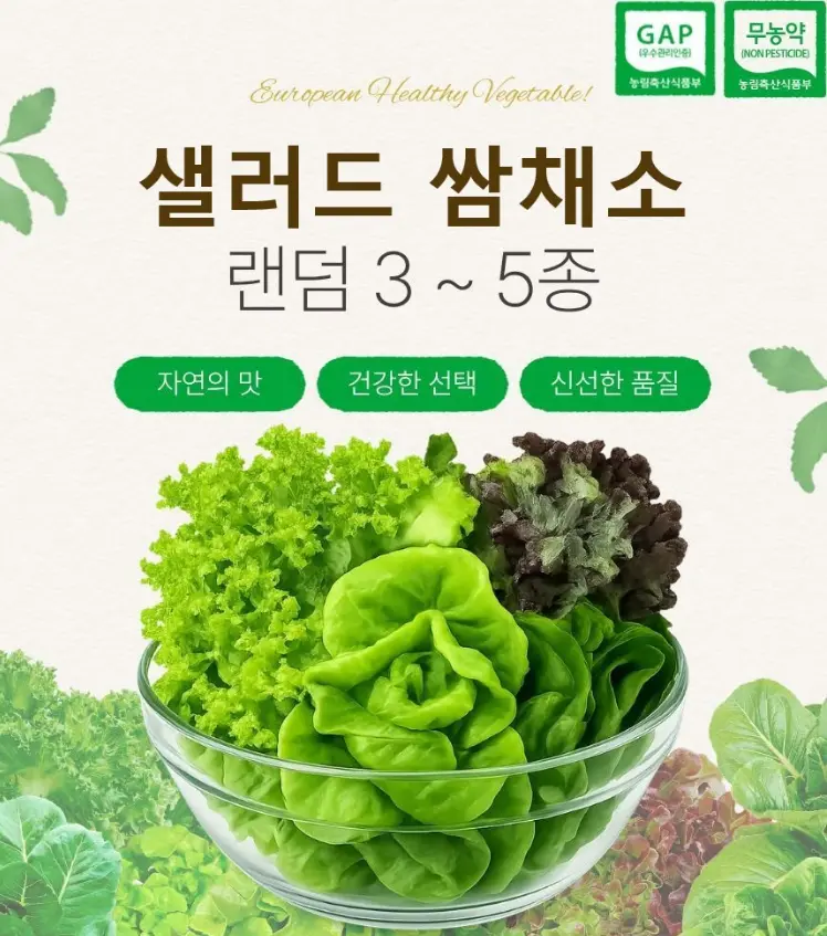 당일수확 무농약 샐러드용 쌈채소 3~5종 믹스 1kg_스마트팜 재배