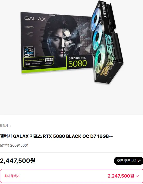 갤럭시 GALAX 지포스 RTX 5080 BLACK OC D7 16GB