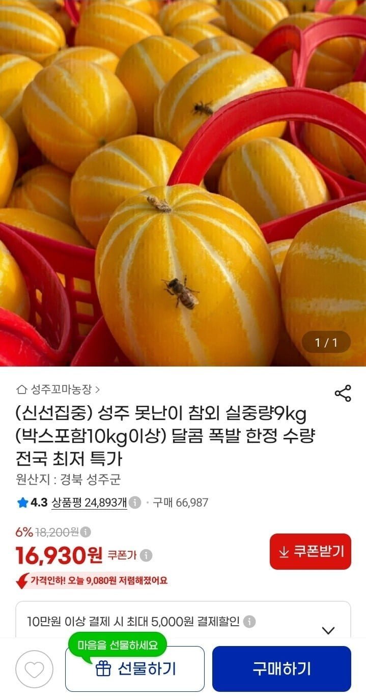 못난이 참외 실중량9kg