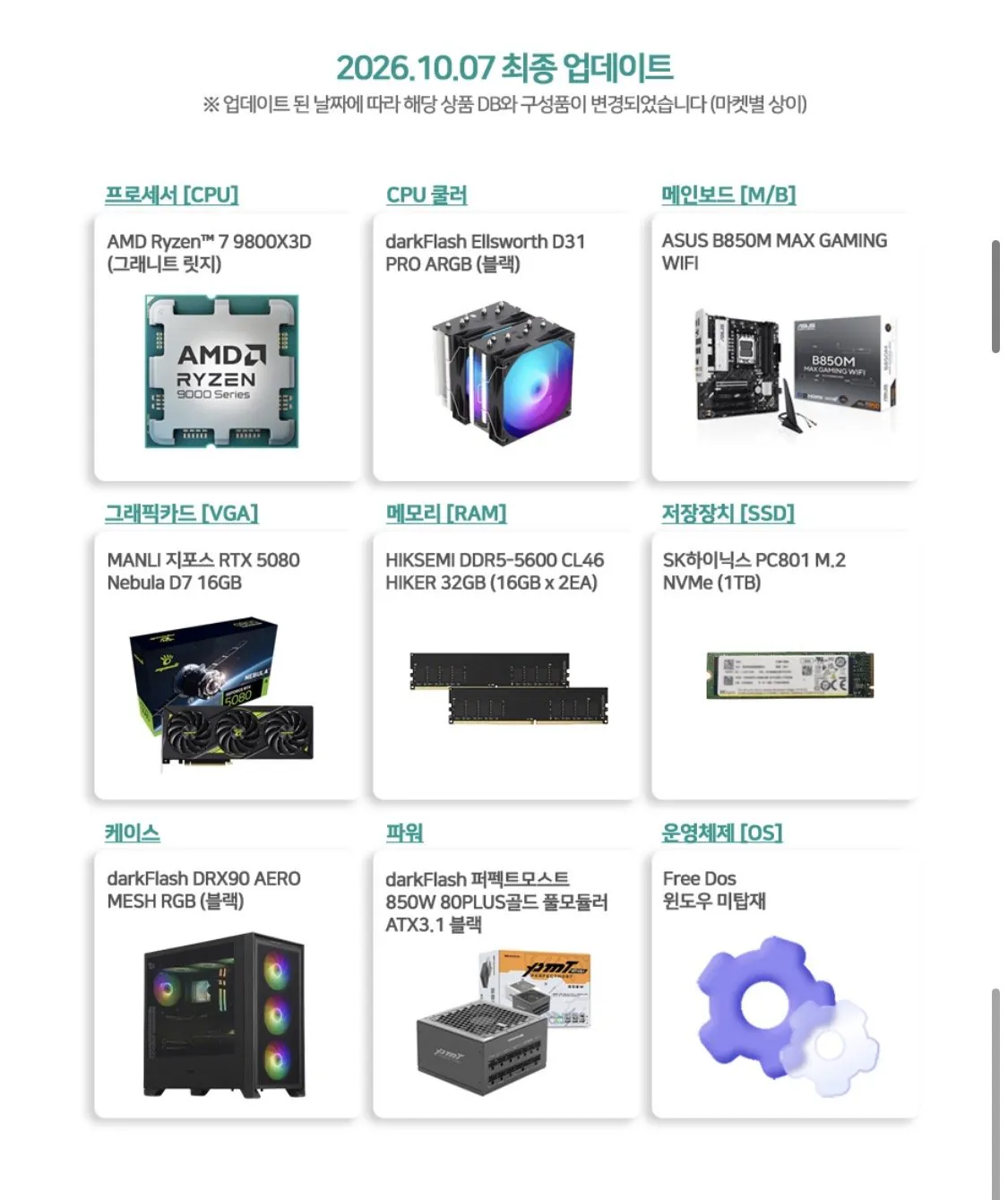 9800x3D + 9070XT / RTX5080 완본체 2종