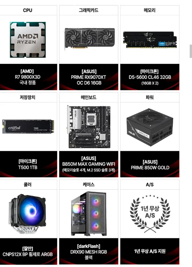 9800X3D+RX9070XT 16GB+32GB+1TB 완본체