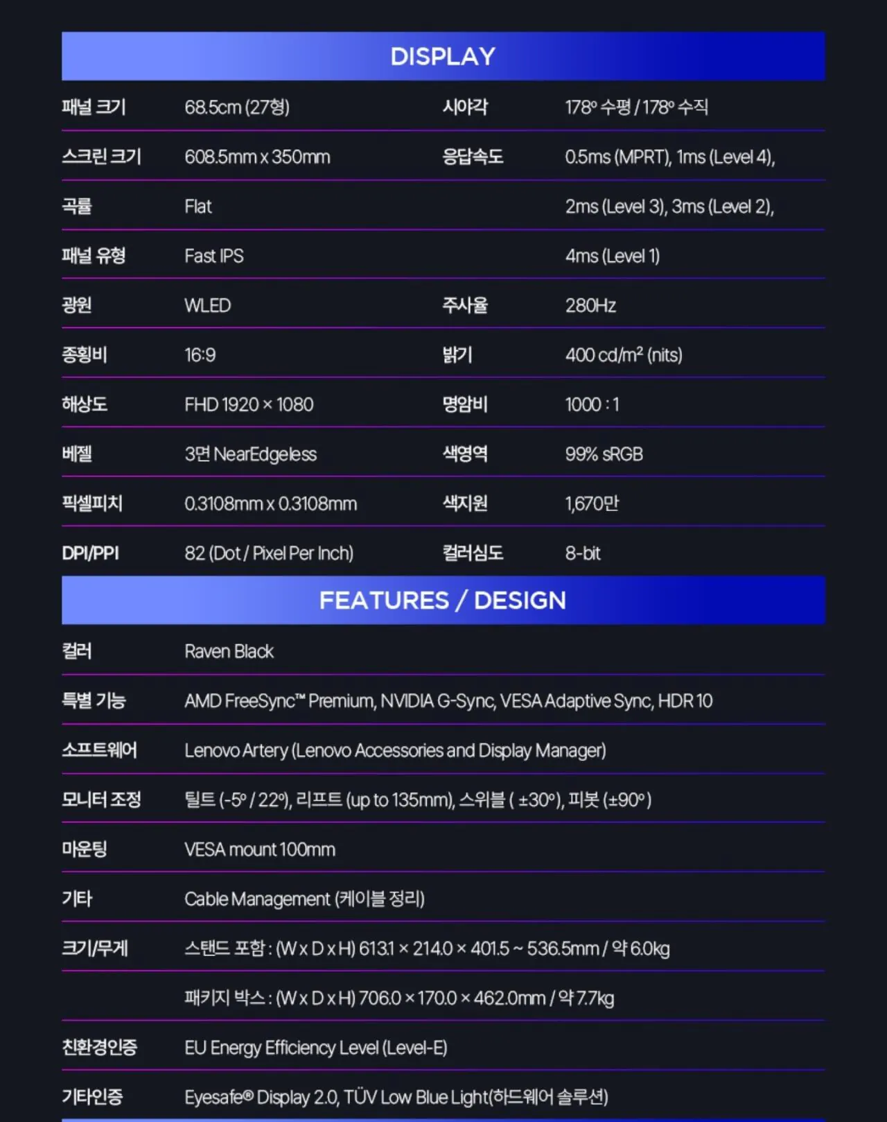 레노버 모니터 27인치 280Hz 400nits IPS