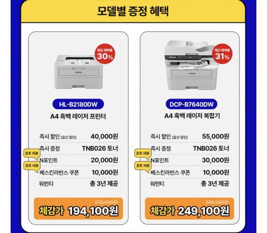 브라더흑백레이저프린터 HL-B2180DW 토너포함 양면인쇄 WIFI 토너세이브