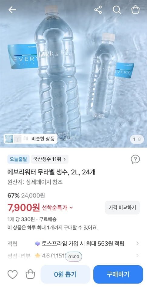 에브리워터 무라벨 생수, 2l, 24개