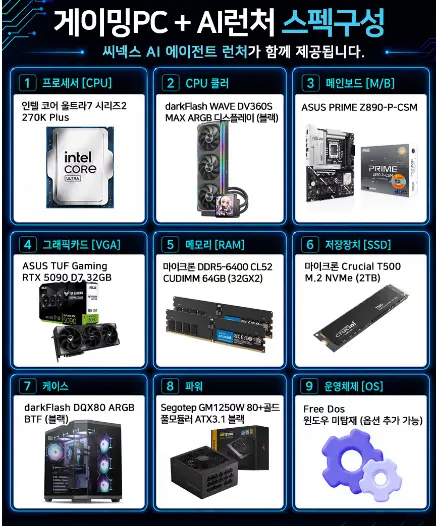 인텔 270K RTX 5090 Z890 64G 2TB 게이밍 AI데스크탑 런처제공