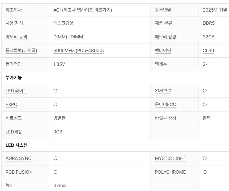 AGI DDR5-6000 CL30 블랙 & 화이트 패키지 서린 32GB(16Gx2)