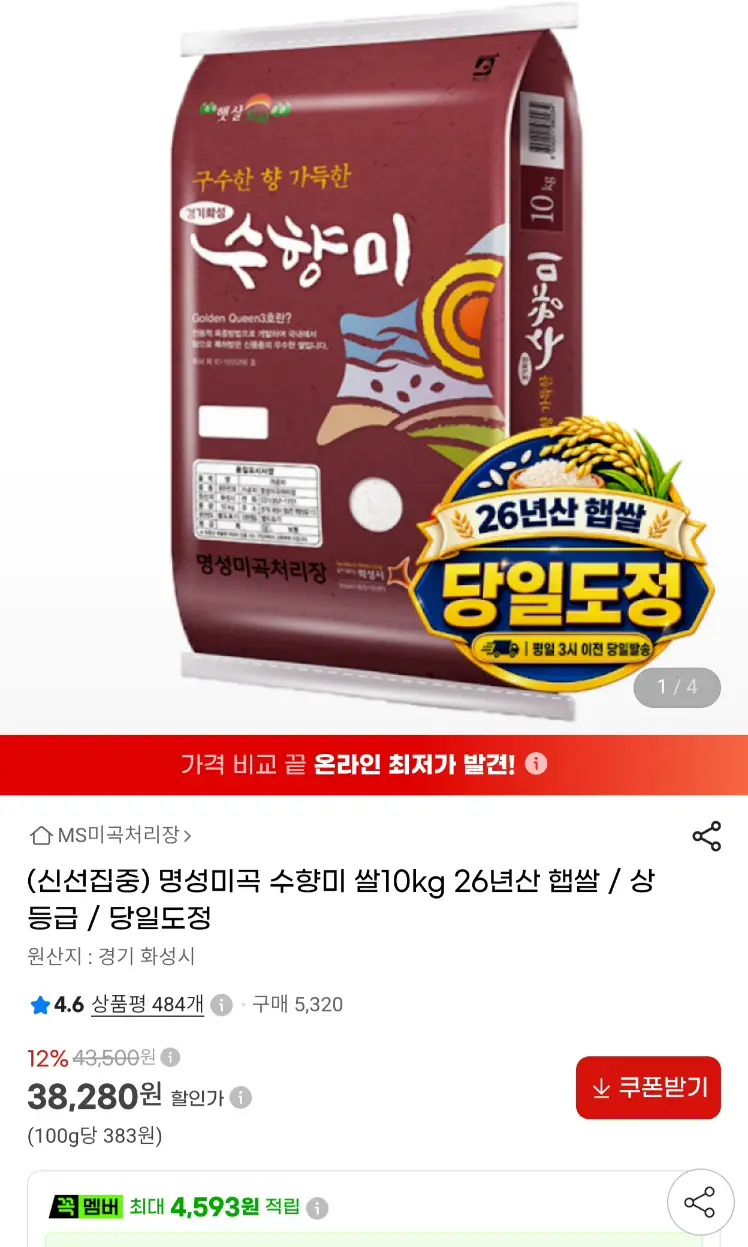 수향미 26년 햅쌀 상등급 10kg 당일도정