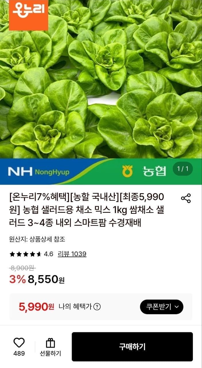 (농할) 농협 샐러드 쌈채소 1kg 3~4종