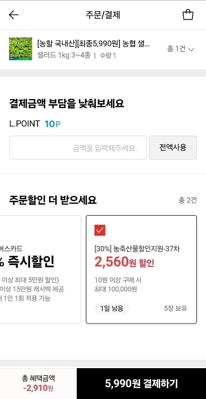 (농할) 농협 샐러드 쌈채소 1kg 3~4종