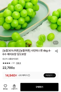 샤인머스켓 4kg 4~6송이 (농할14,940 / 배송비 무료)
