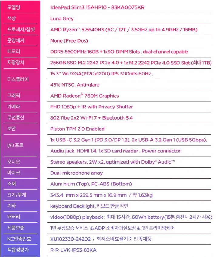 레노버 아이디어패드 슬림3 8640HS16GB 256GB