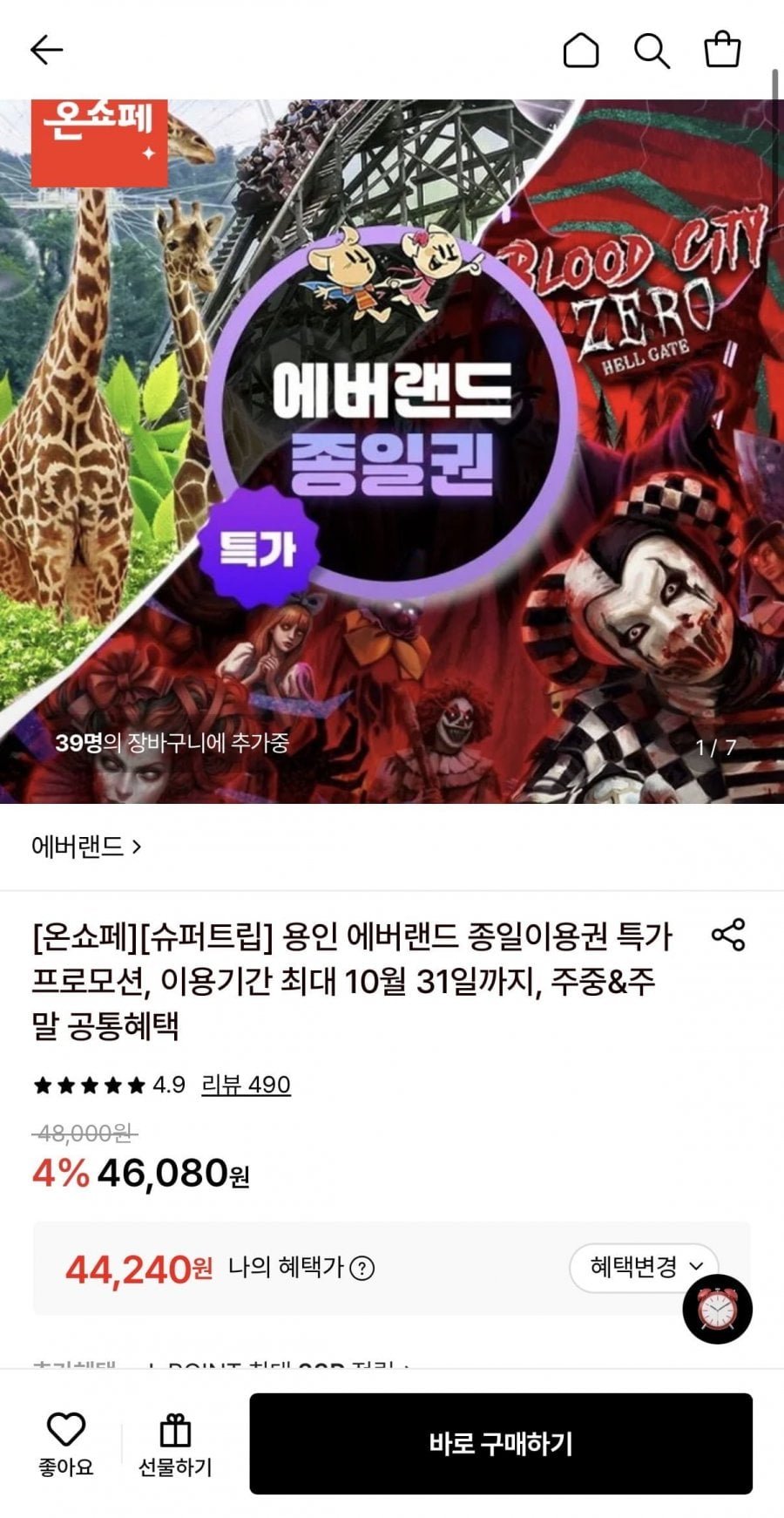 용인 에버랜드 종일이용권