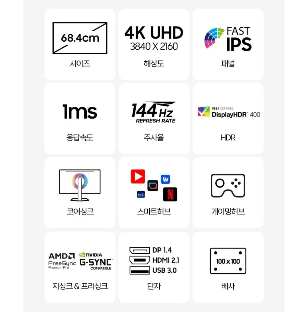 삼성 오디세이 G7 S27DG700 68.4cm(27인치) UHD 4K 144Hz IPS 스마트 게이밍 모니터 스피커