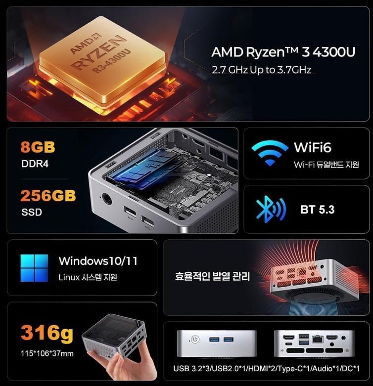 닌키어 AMD 라데온 M6 라이젠 4300U 프로세서 미니PC
