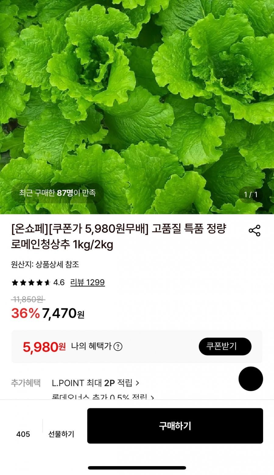 정량 로메인청상추1kg